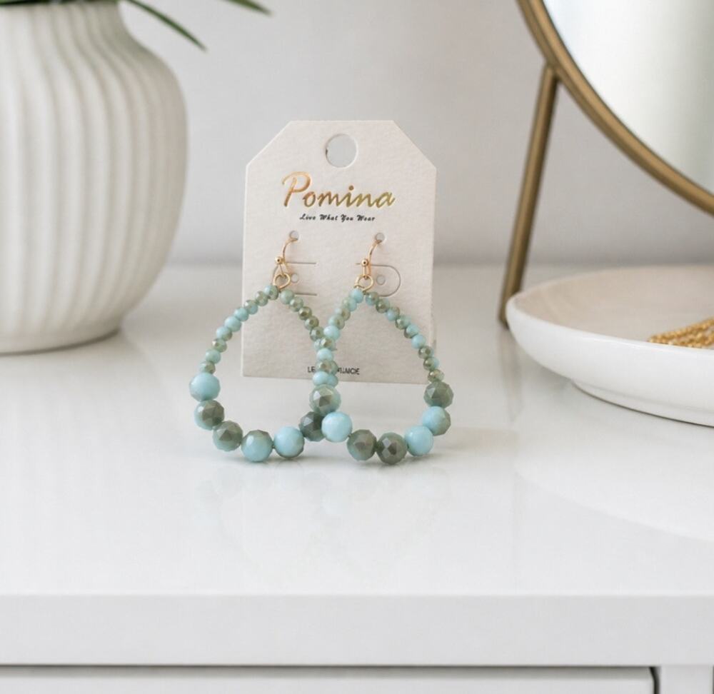 Pomina Blue Stone Oval Beaded Earrings New